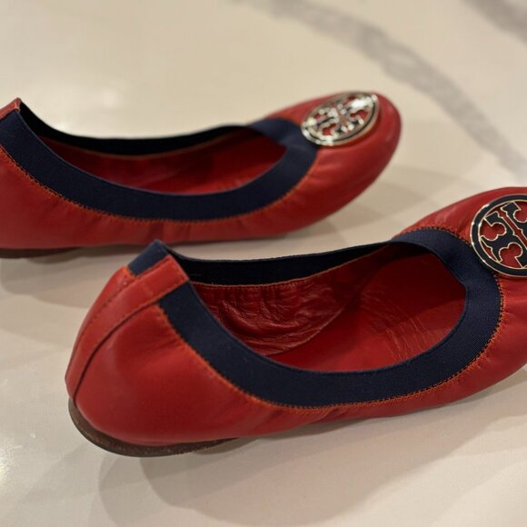 Tory Burch Caroline Ballet Flats Size 7- Acai Red/French Blue - Picture 4 of 8